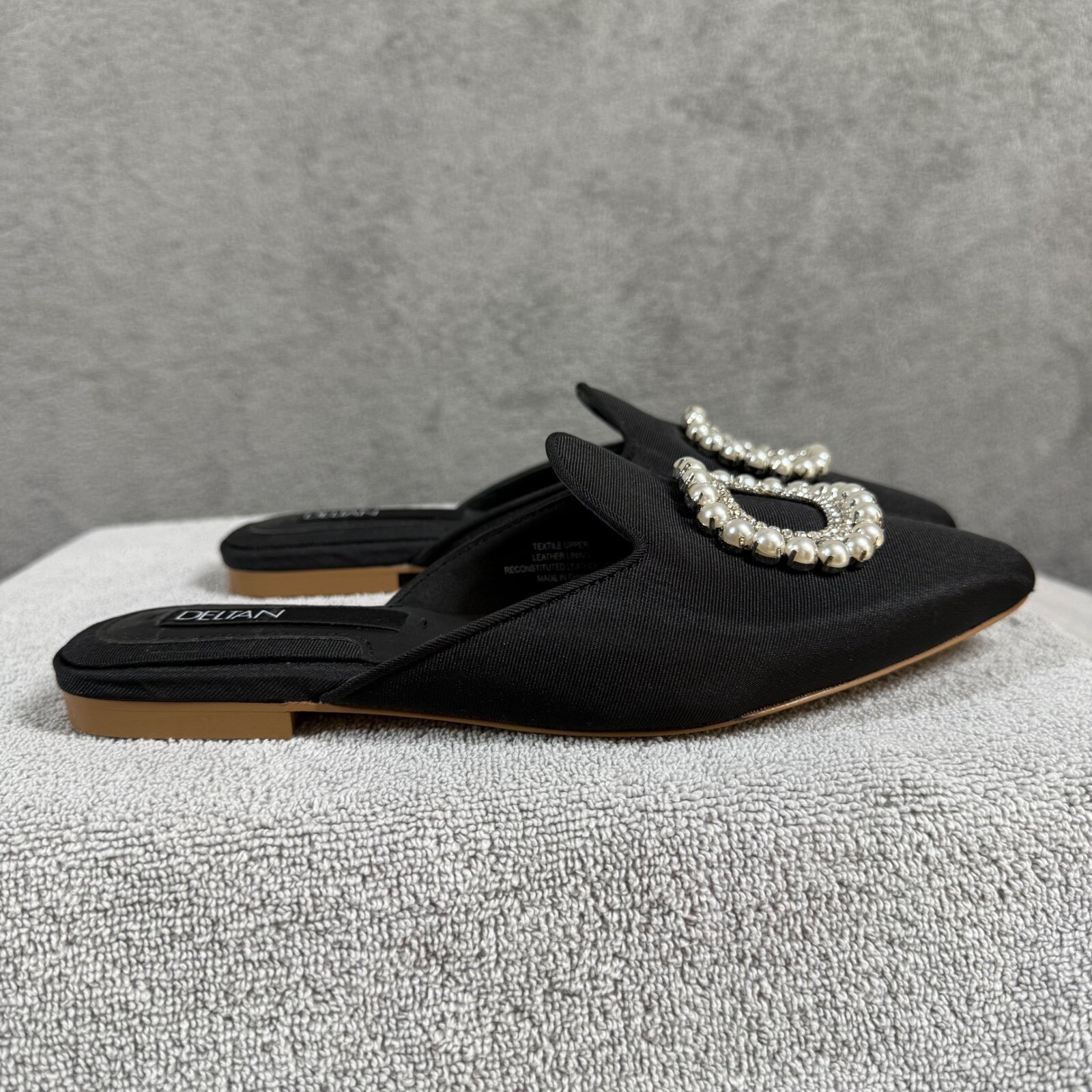 DELTAN Luna Pearl Rhinestone Grosgrain Mules Black Pointed Toe Flats 6.5