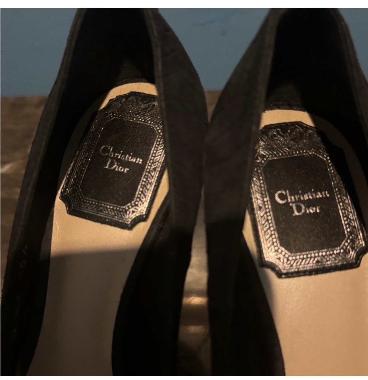 DIOR Black Suede Peep Toe Stiletto Slip On Logo Accent Pumps Womens 5.5
