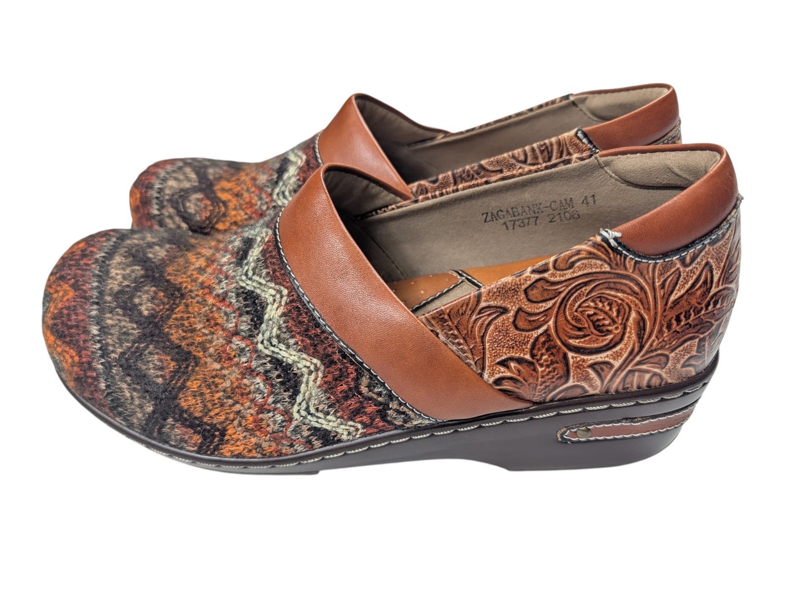 Spring Step L’Artiste Zagabank Clogs Sz 41 Woven Textile Embossed Floral Leather