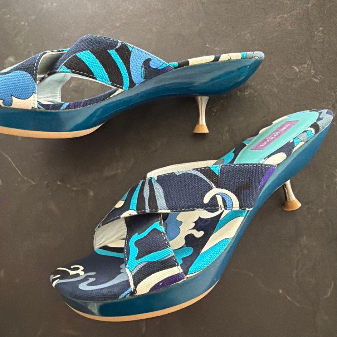 EMILIO PUCCI, sandals, Multicolor, blue, Kitten heel, Geometric, size 35, fabric