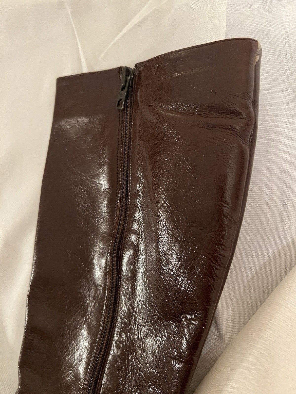 70s Vintage Halston Brown Leather Knee High Boots Womens 7M Block Heel Zip Italy