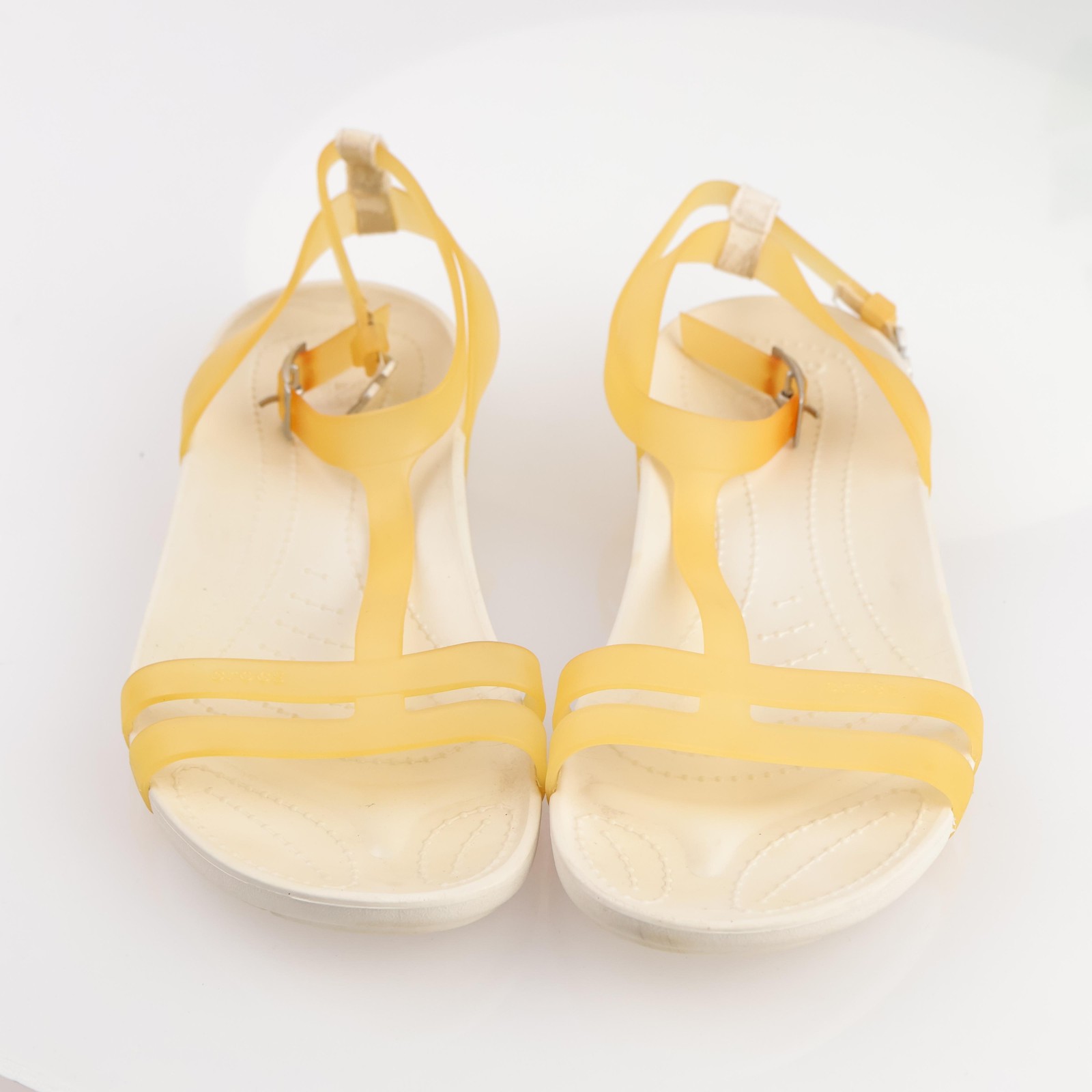 Crocs Womens Sexi Sandals Size 8 Yellow Strappy T-Strap Ankle Strap Flat Shoes