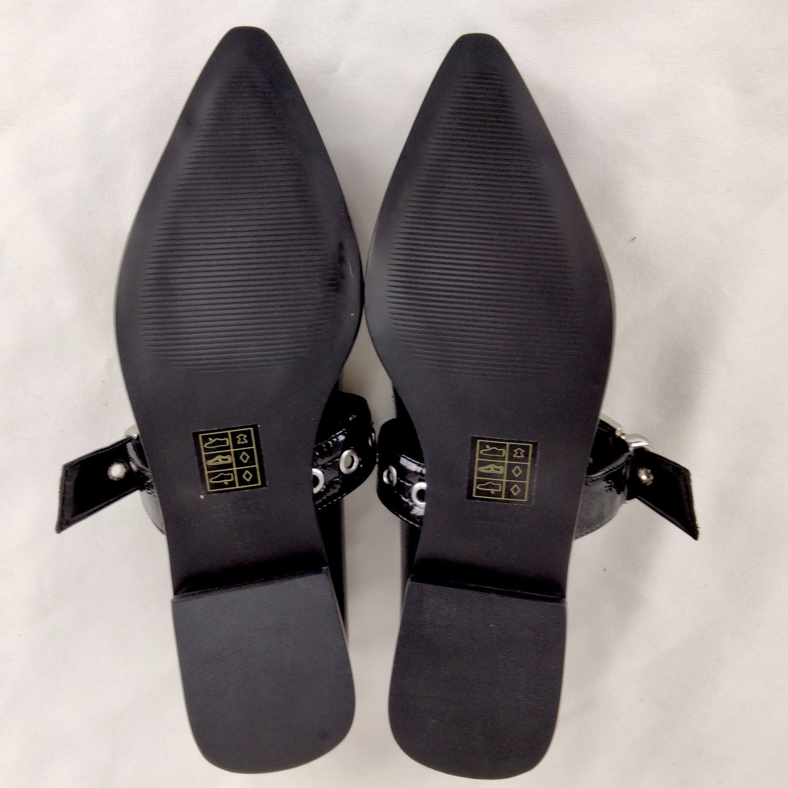 Maeve Pointed-Toe Moto Mary Jane Flats – Black Patent Leather – Size 38 US 7.5