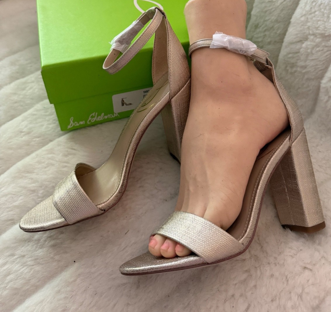 SAM EDELMAN SIZE 6 Gold Metallic Open Toe Block Covered Heel Ankle Strap NWB