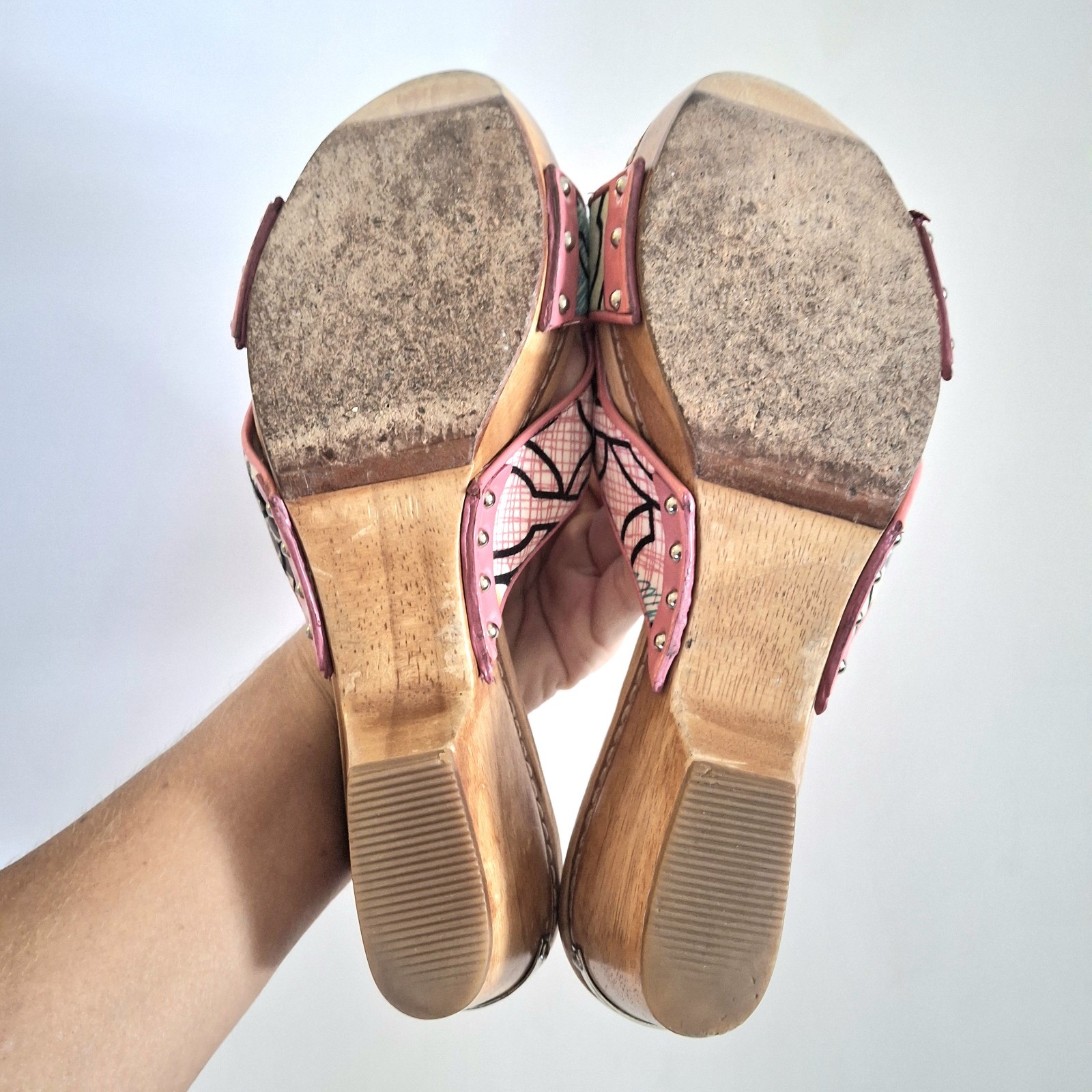 Y2K Vintage Coach Lee Patchwork Wooden Sandals Shoes Size 7.5 Boho Beach Summer
