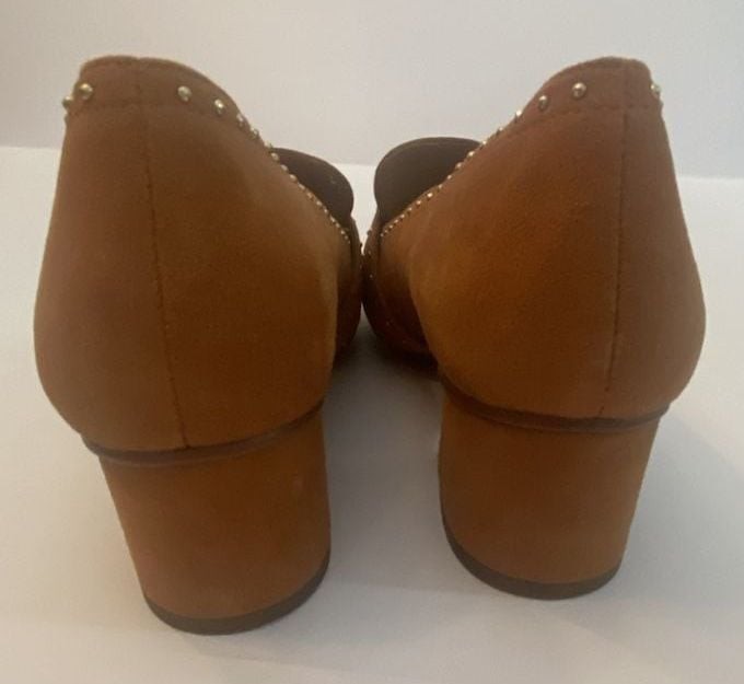 Franco Sarto Lance Studded Block Heel Loafers in Camel Suede