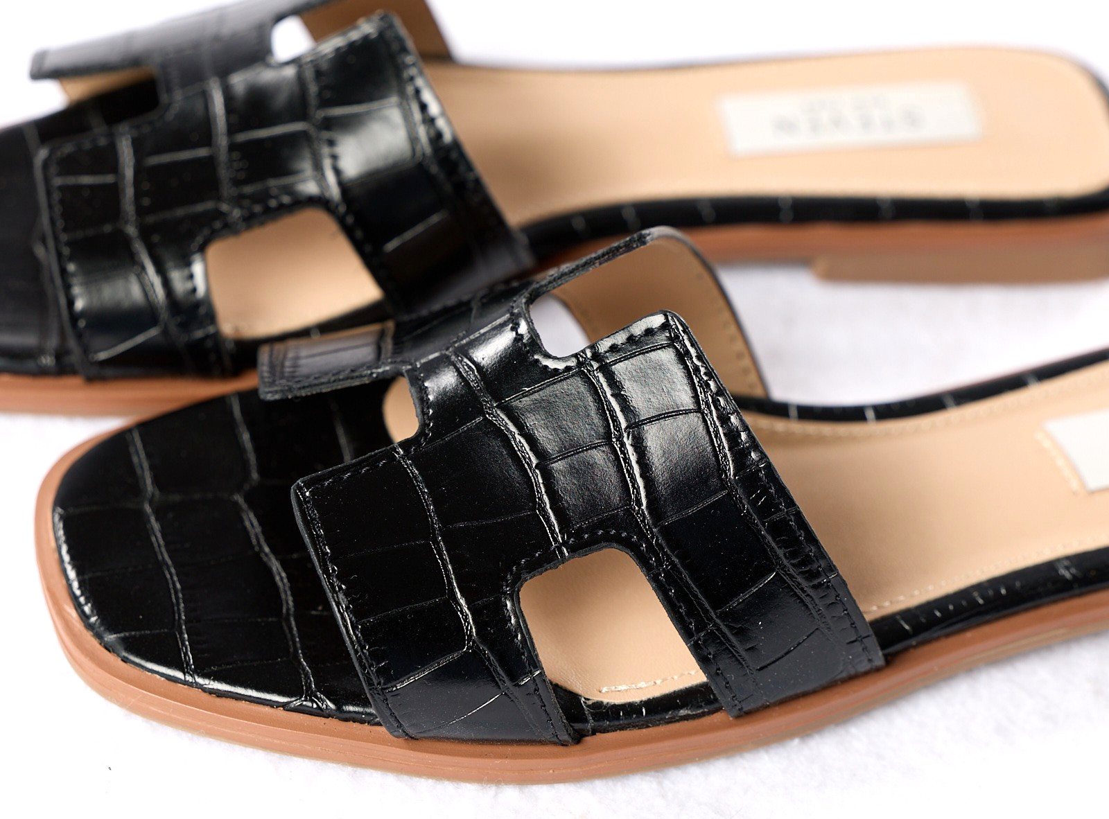 Steven New York Hanna Slides Womens 6.5 BLACK Croc Embossed H Cutout Sandal