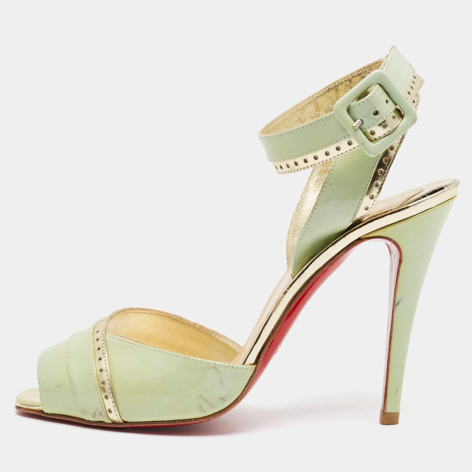 Christian Louboutin Escatin Size 38.5 Two Tone Patent Leather Cross Ankle Strap