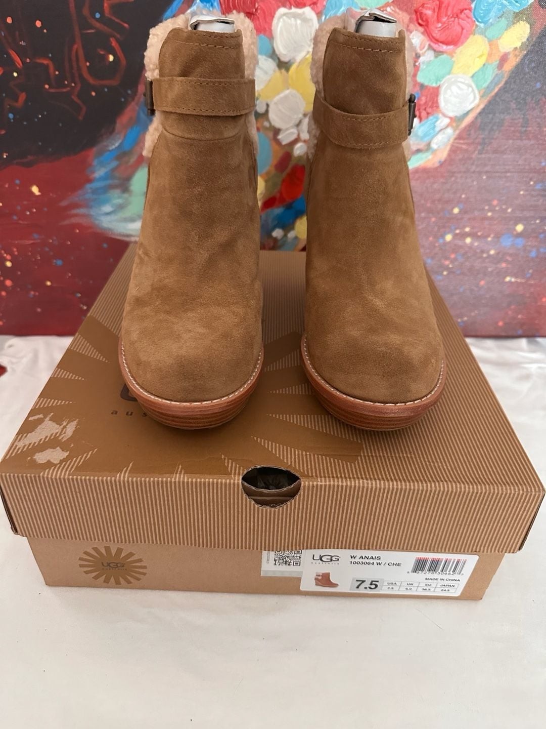 UGG Anais Chestnut Suede Shearling Wedge Ankle Boots Size 7.5