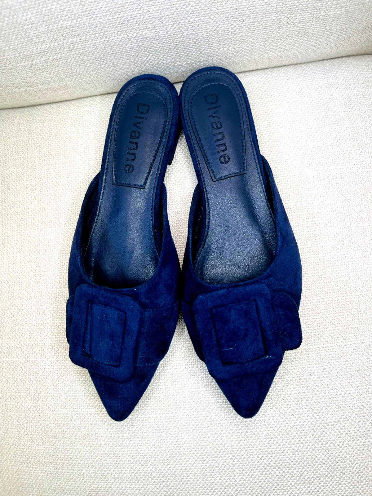 Divanne Navy Blue Suede Pointed Toe Flats Buckle Mule Shoes Women Size 8