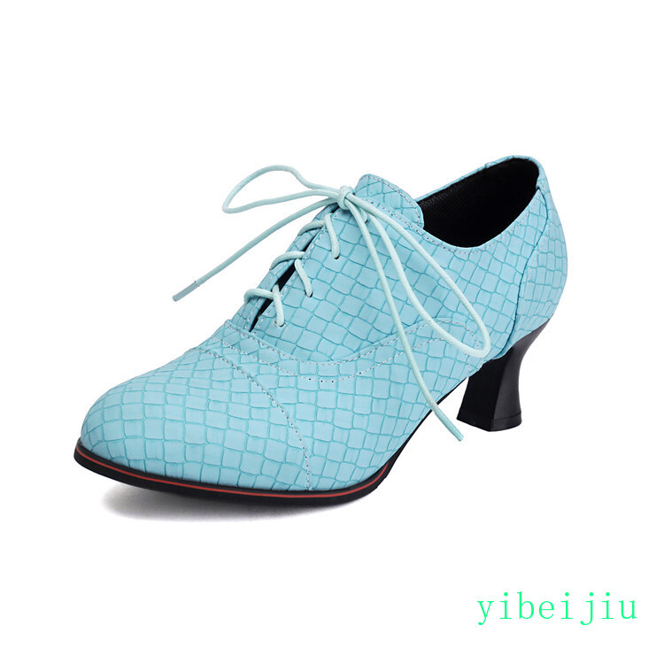 Women’s Crack Check Mid Kitten Heels Shoes Lace Up Pumps Office Daily Plus Size