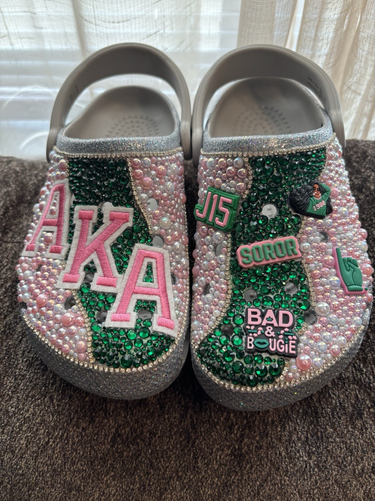 Custom bedazzled ‘AKA’ Silver Glitter Crocs (Pink N Green)
