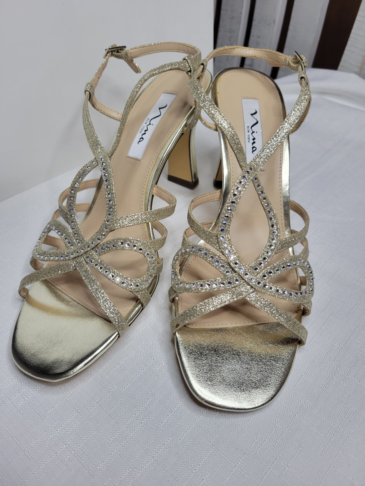 Nina leather sole Gold rhinestone Strappy cocktail party heels pumps size 9