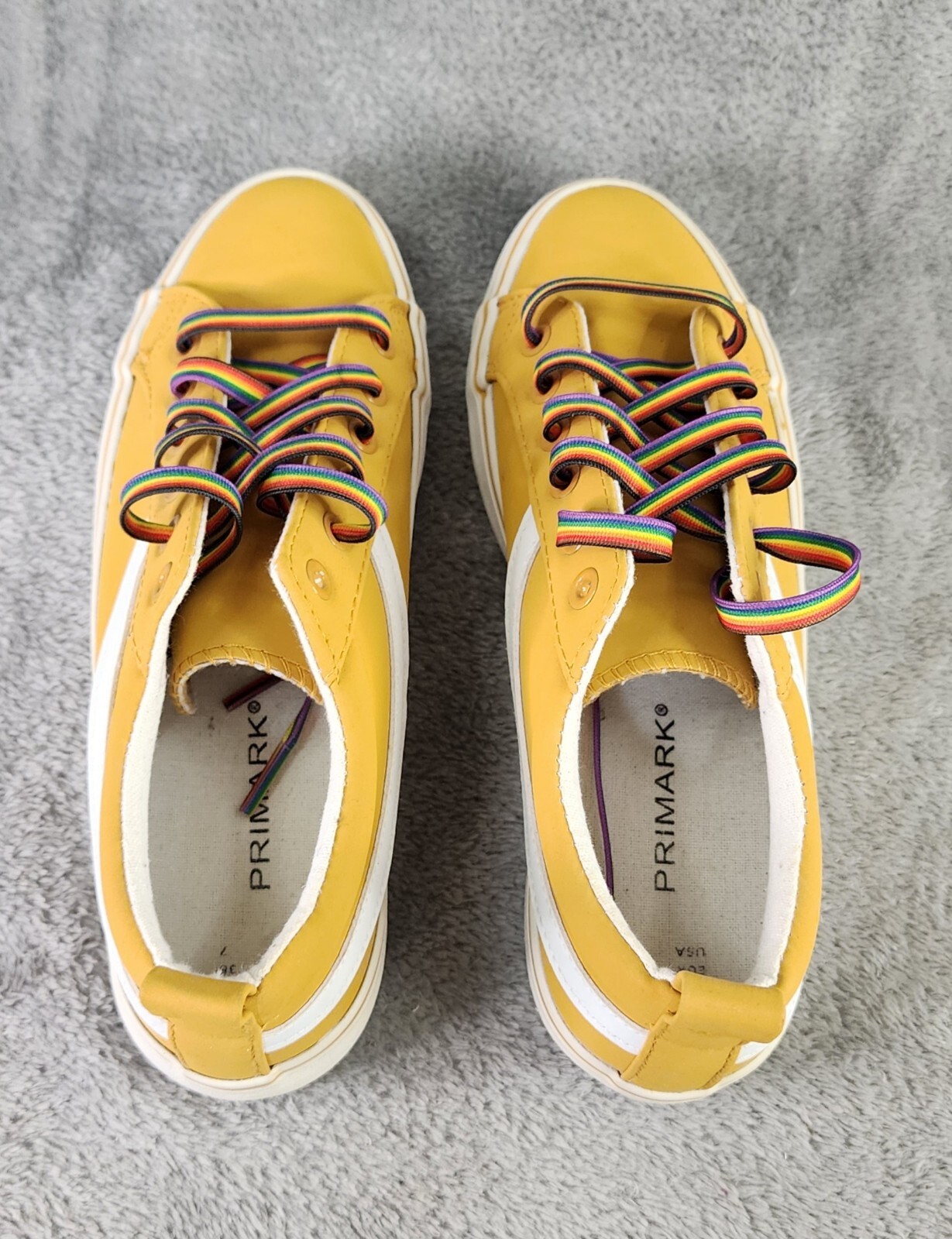 Primark Shoes Womans Size 7 Yellow Synthetic Casual Rainbow Lace Up Sneakers