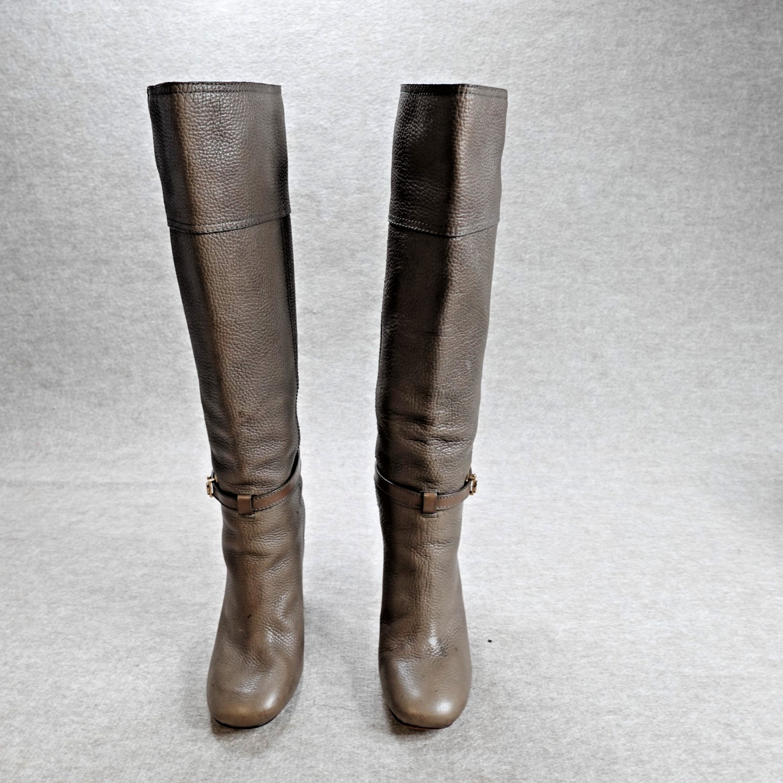 Tory Burch Womens Boots 8.5 Brown Gray Zip Heeled Pebbled Jenna Knee High