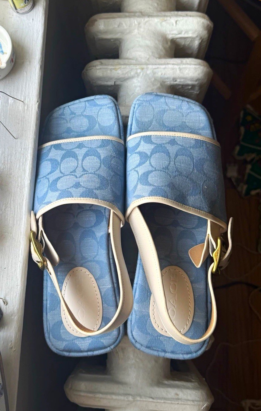 Coach Women’s Logo Strappy Sandals Blue/Beige Ankle Strap Buckle Size 7