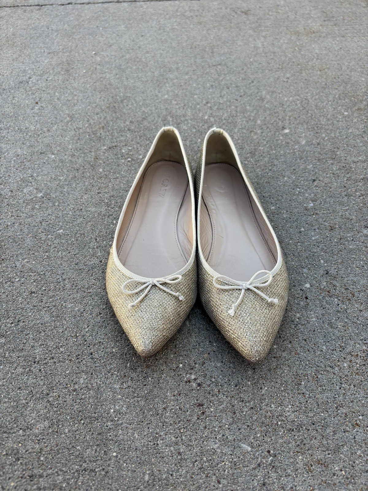 J Crew Size 8.5M Gold Metallic Ballet Flats Bow Cap Toe Leather Sparkly Shimmer