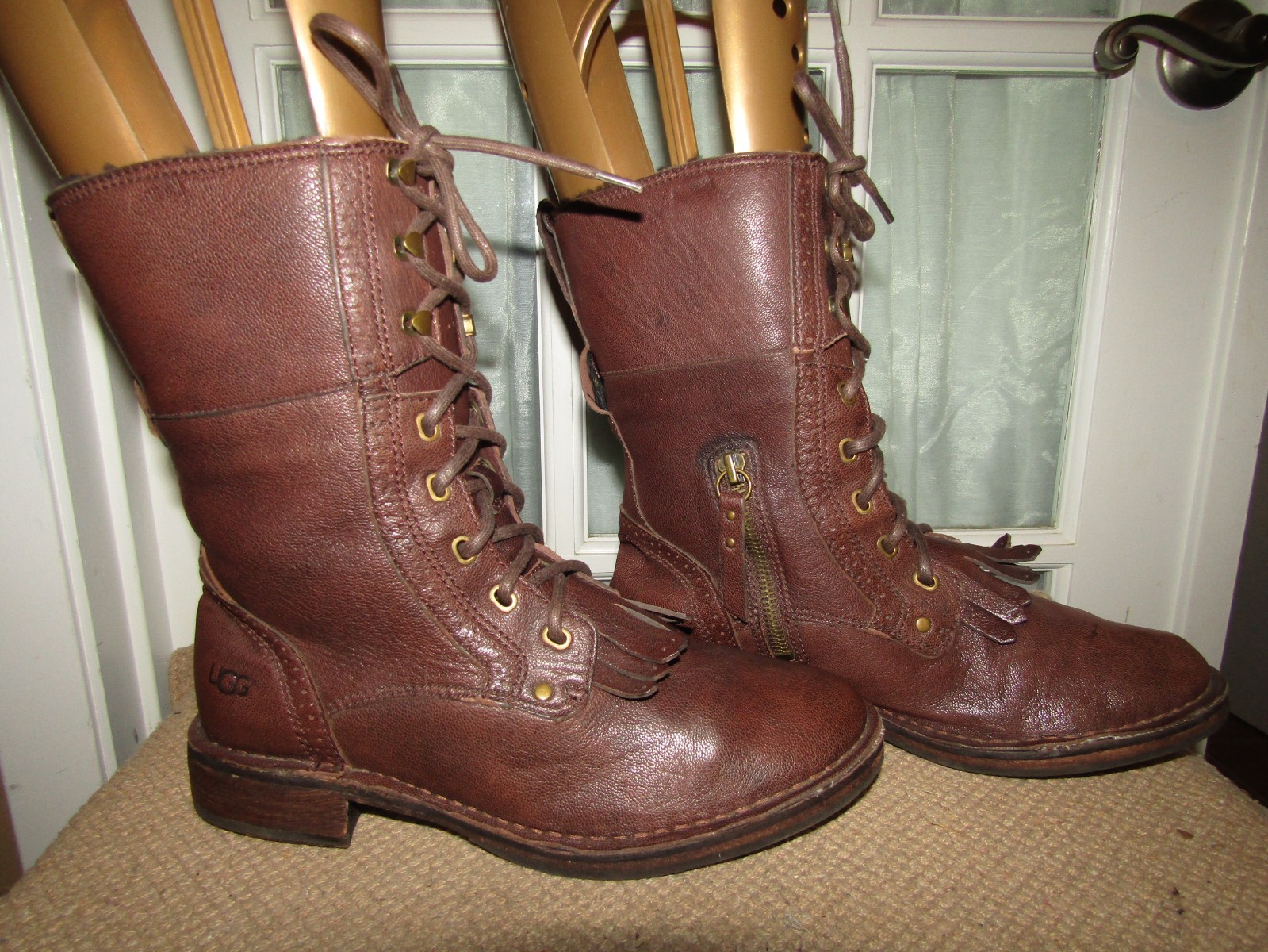 UGG Jenna Lace up Zip Winter Ankle Boots Womens Size 7 Java Brown Leather
