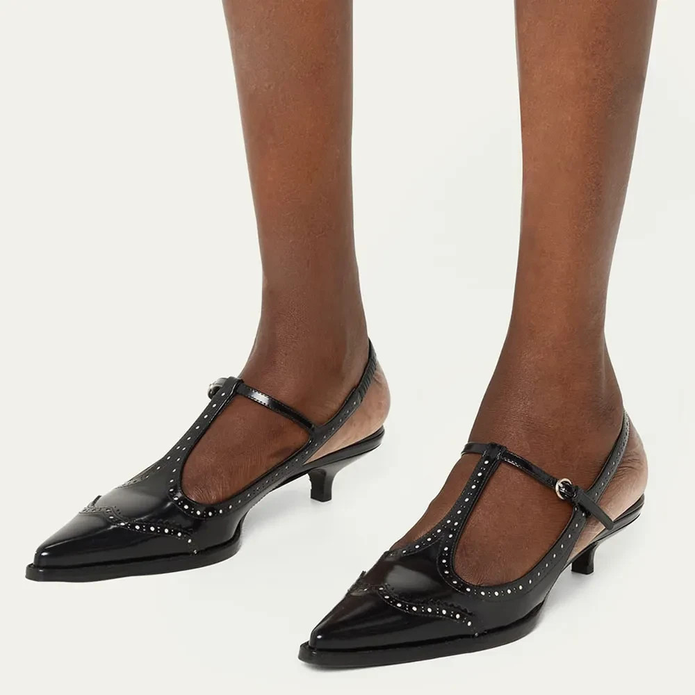 Pointed Toe Perforated T-Strap Mary Jane Slingback Pumps in Black FSJ202408088