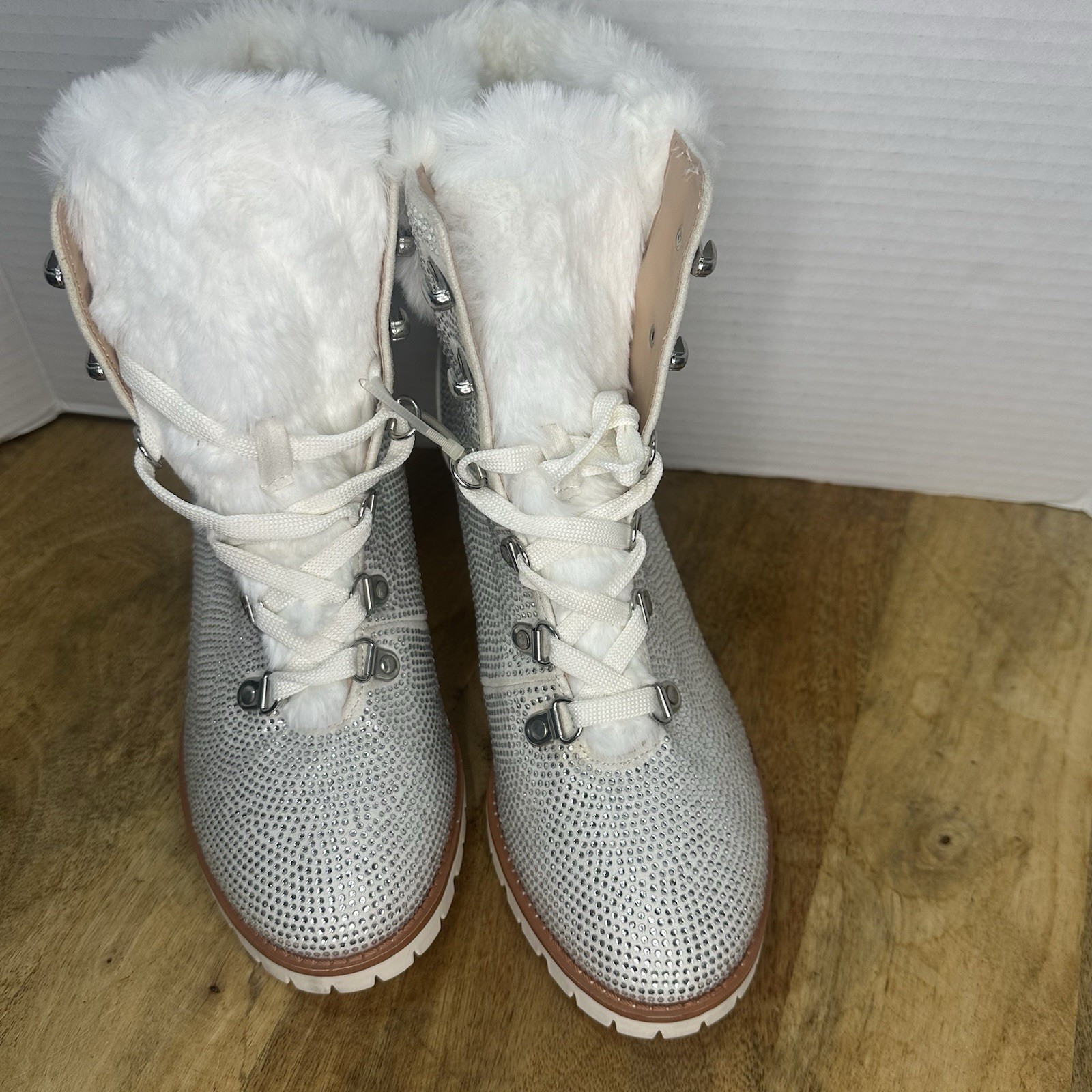 Nannette Lepore Anais Bootie Rhinestone in Winter White Size Womens 9M Faux Fur