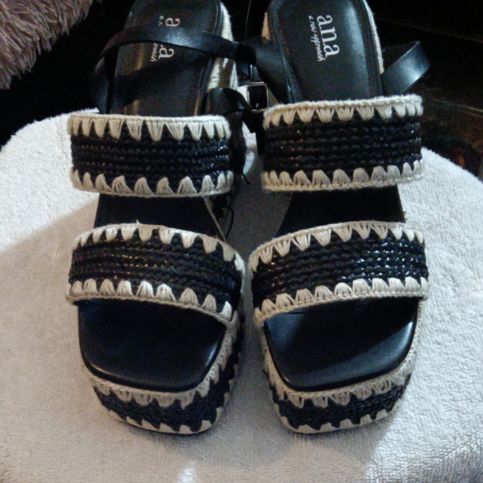a.n.a Black White Solid Leather Braided Crochet Wedge Sandals Women’s US 9.5