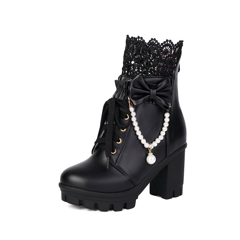 Women’s Lace Up Platform High Block Heel Ankle Boot Round Toe Leather Shoes Lady