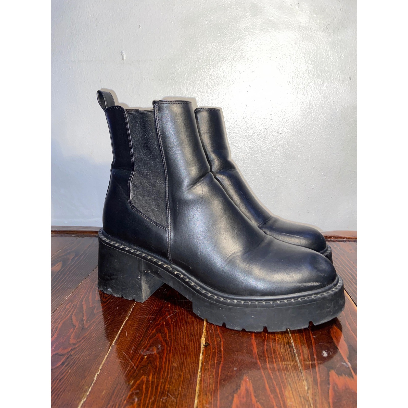 Black Platform Lug Sole Chelsea Boots Faux Leather Block Heel Indie Grunge – 10