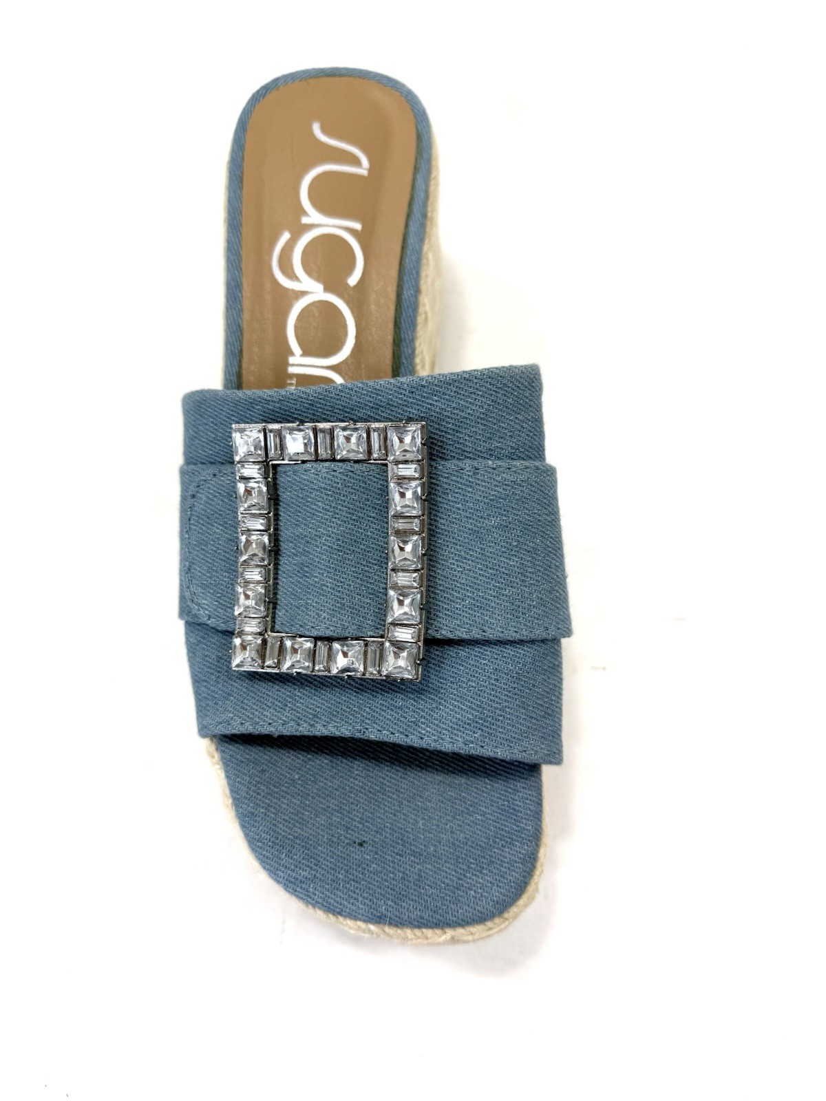 Women’s Sugar Remote Size 9 Chunky Heel Denim Sandals Rhinestone Buckle