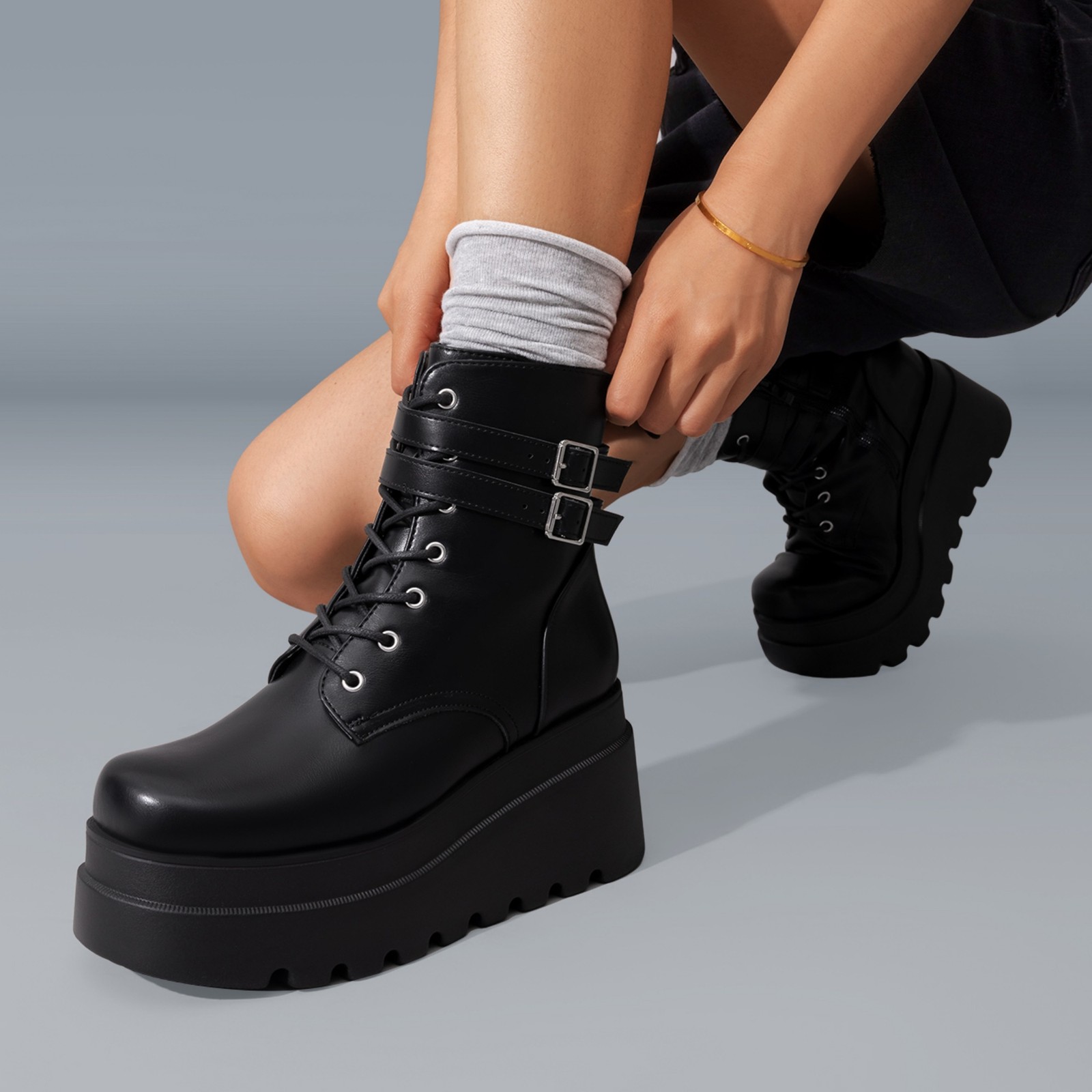 Women Platform Combat Ankle Boots 3.5inch High Heel Lace Up Fall Winter Boots