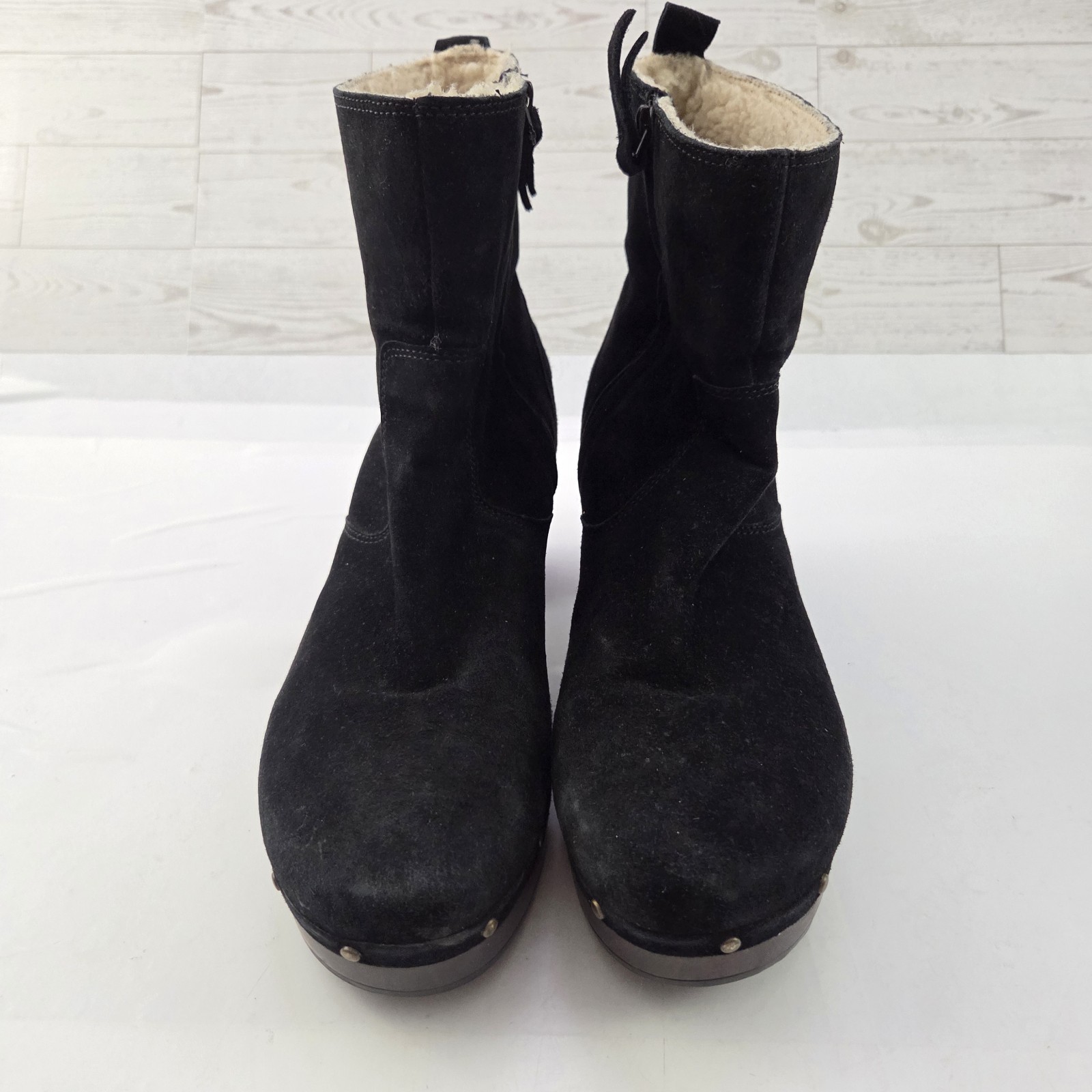 Clarks Boots Womens 11 Black Suede Platform Clog Faux Fur Lined Comfort Booties