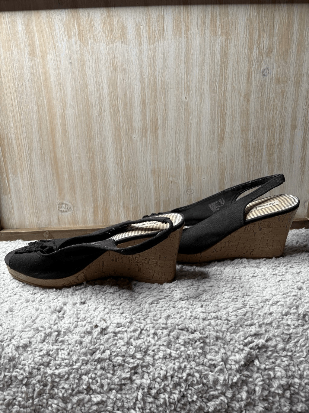 American Eagle Black Cork Wedge Slingback Peep Toe Sandals Size 11