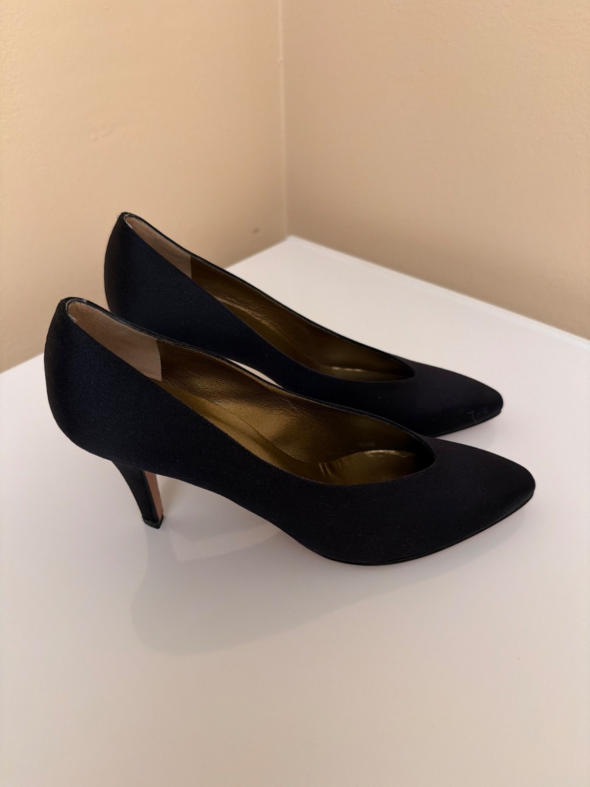 Vintage YSL black satin heels with original box. Size 8. Never worn.