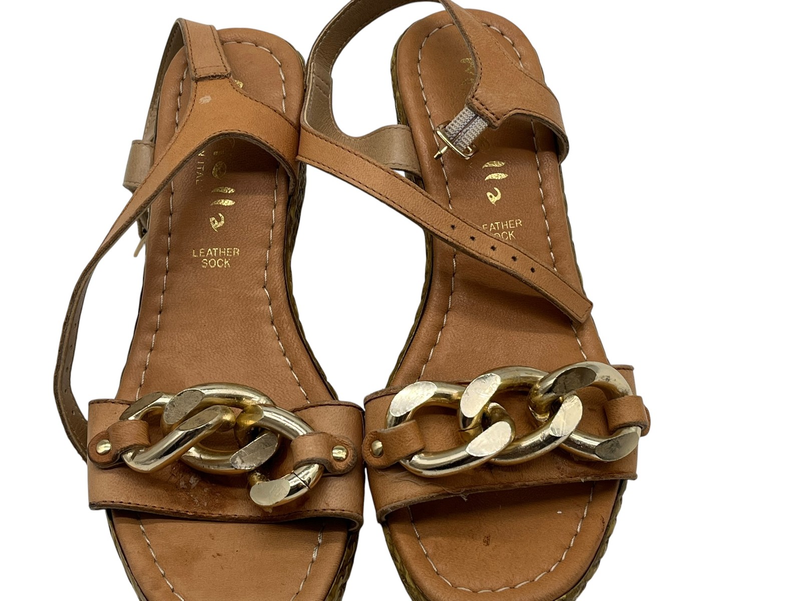 MarIella Women’s Tan Leather Chain Espadrille Wedge Sandals Size 38 Italy