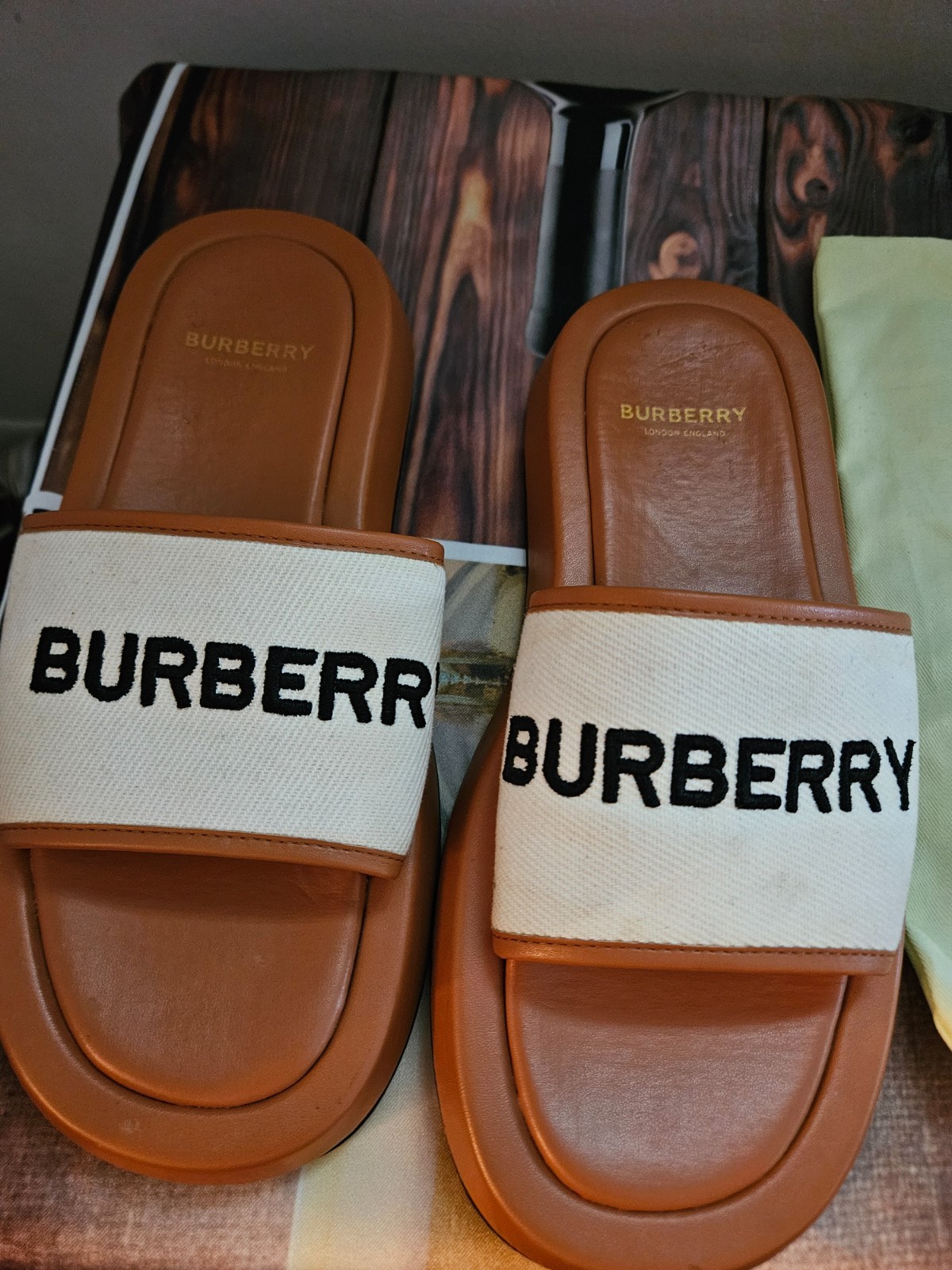 Burberry Bucking Brown Logo Slides In Canvas & Leather Sz 11 (Original Box}