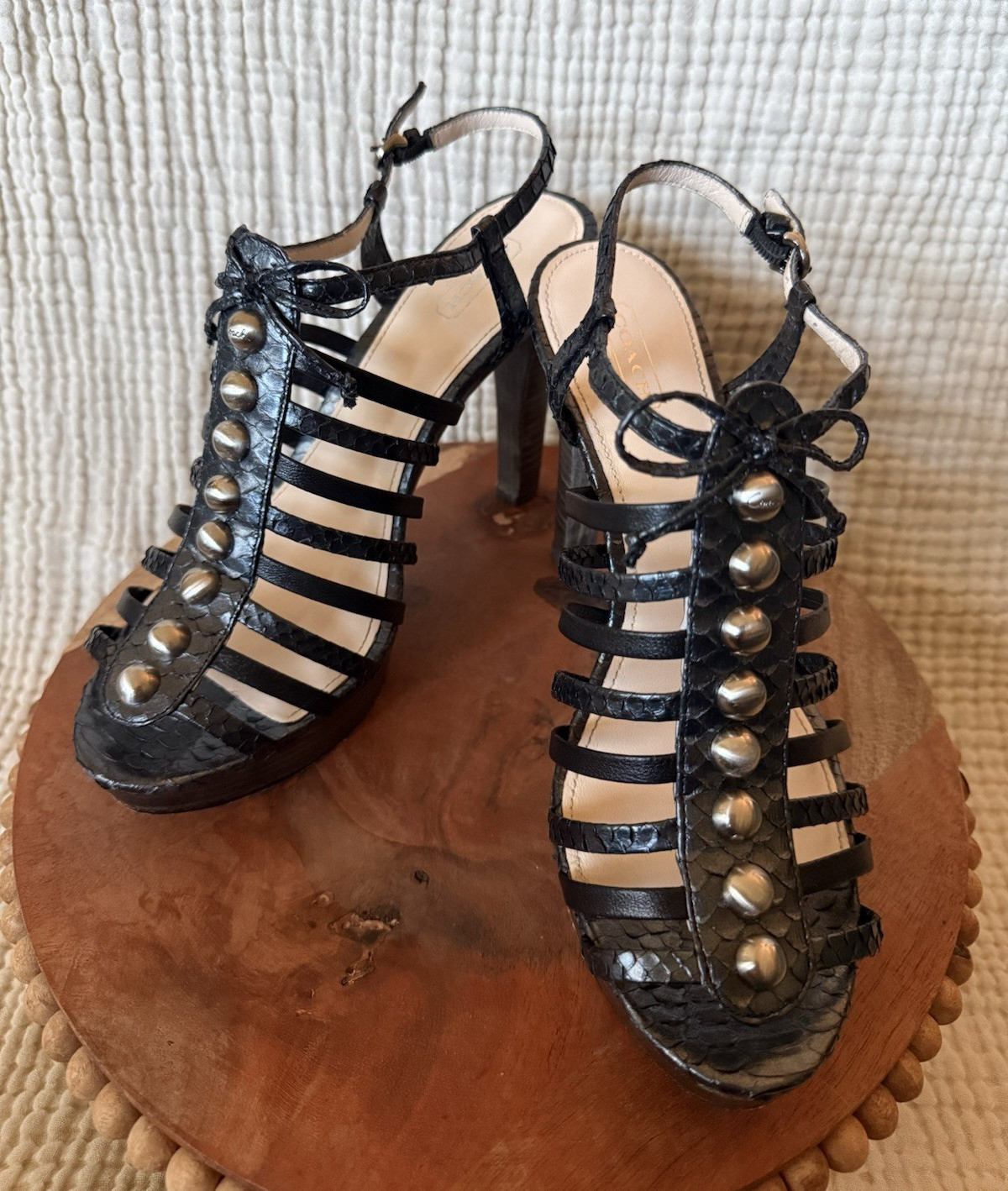 COACH Black Leather Snake Print Peep Toe Studded Strappy Heels 8.5