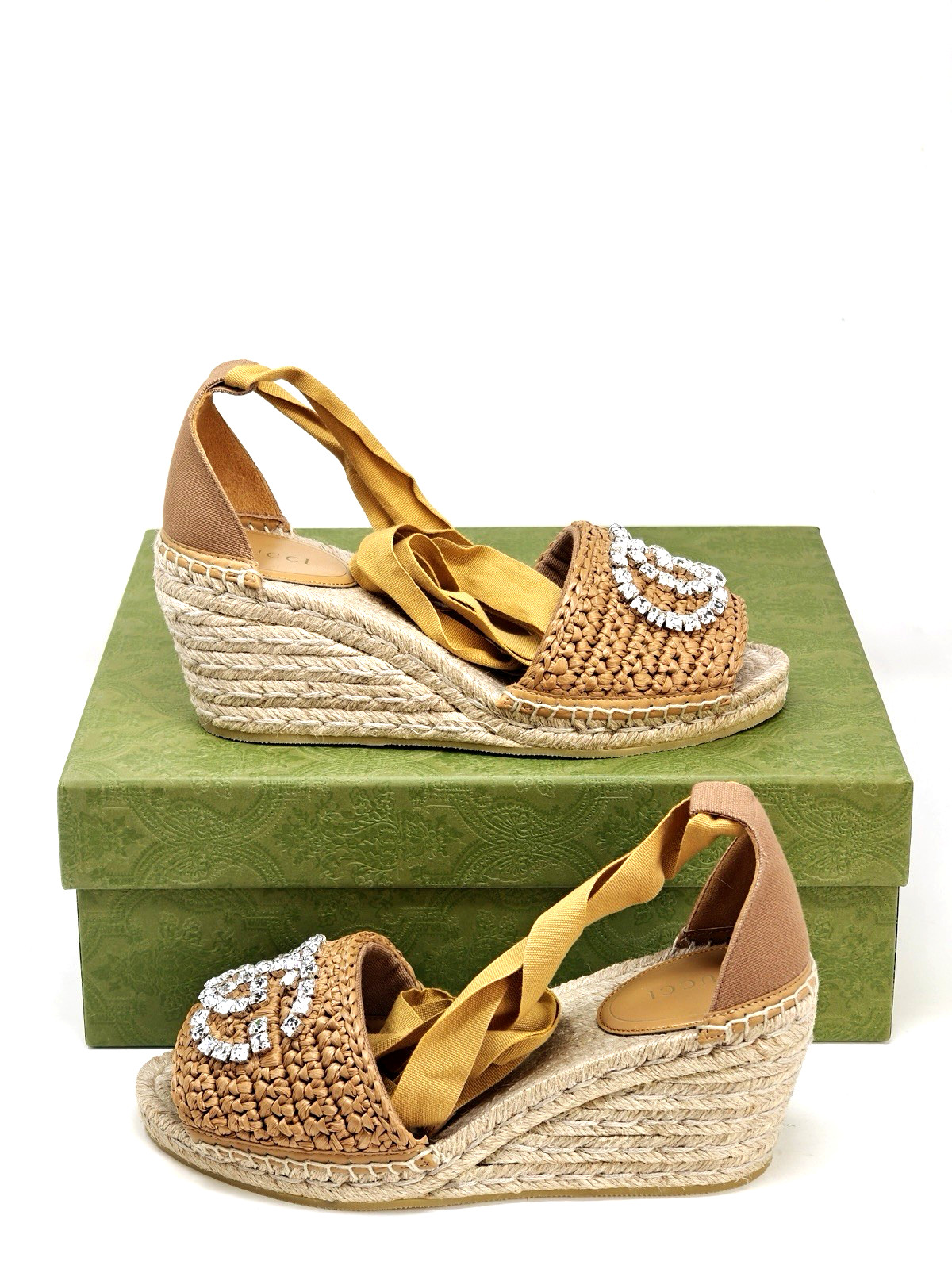 Gucci Marmont Double GG Espadrilles Platform Crystal Ribbon UK 4 US 7 37 17623E