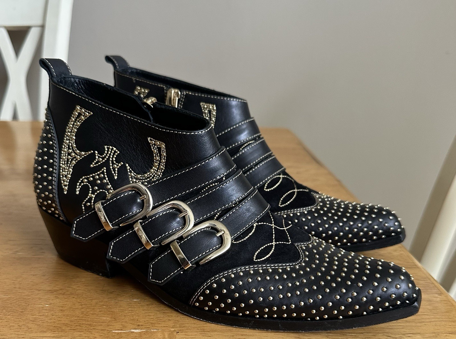 Anine Bing Penny Ankle Boots 37 Black Gold Studded Zipper Buckles 6.5 US