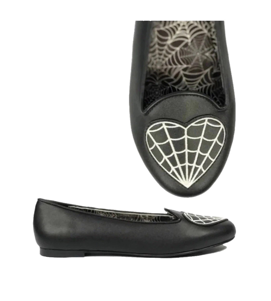 Strange Cvlt Lydia Spider Web Heart Spooky Goth Flats Black White Size 7 G/VG