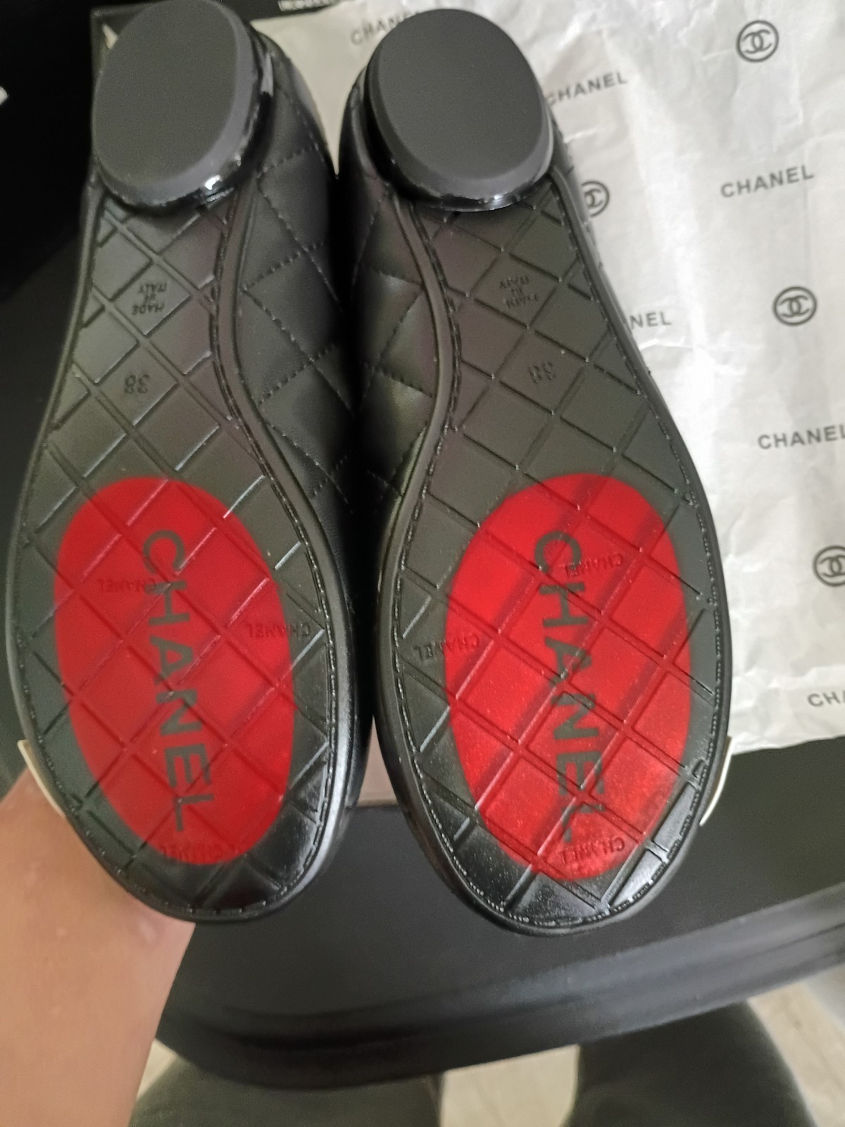 Chanel Ballet Slipper Cambons Size 7.5 Black CC LOGO Authentic BRAND NEW