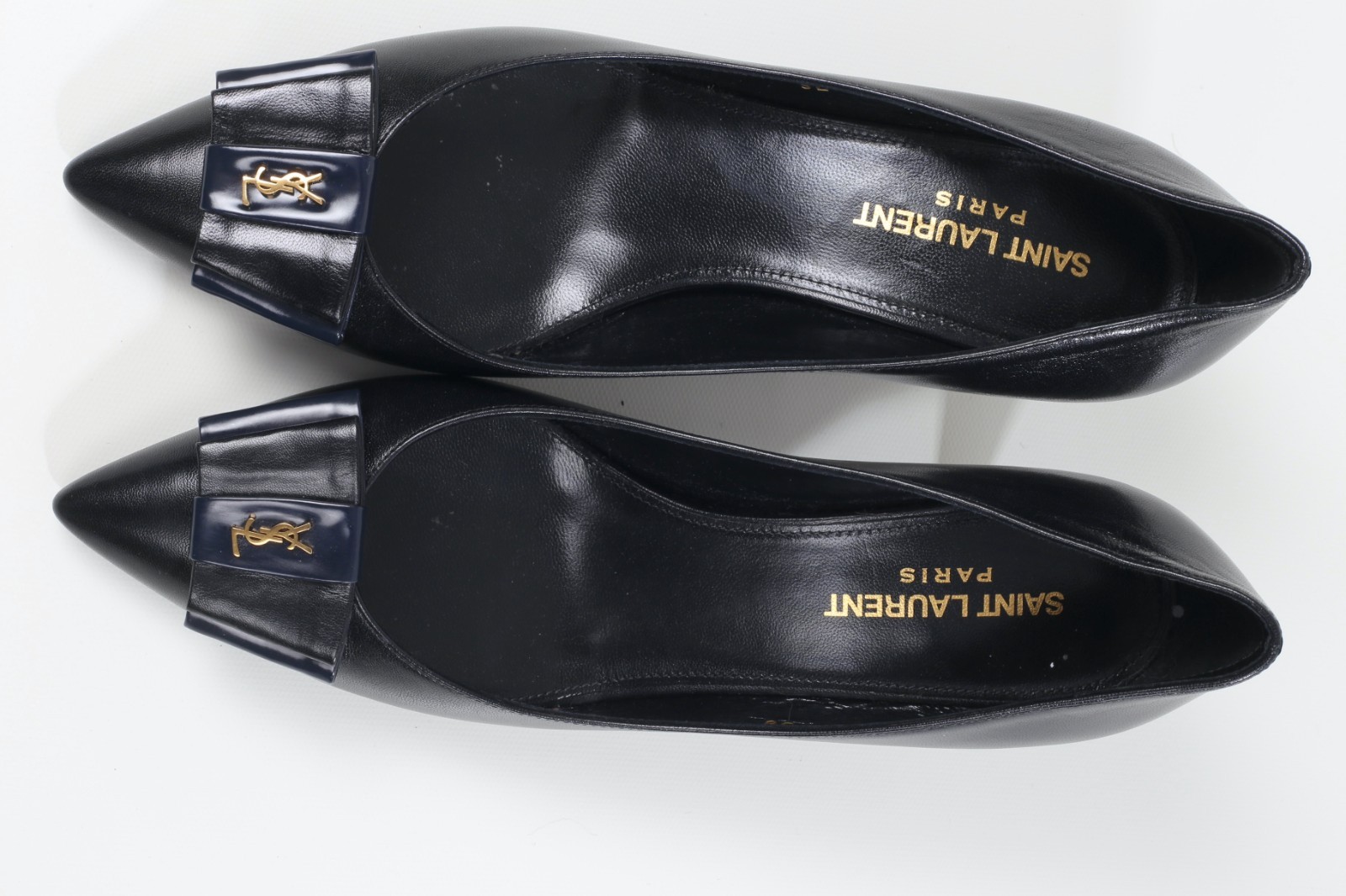 Saint Laurent Anais Logo Black Leather Bow Pumps Heels Designer EU Size 38 YSL