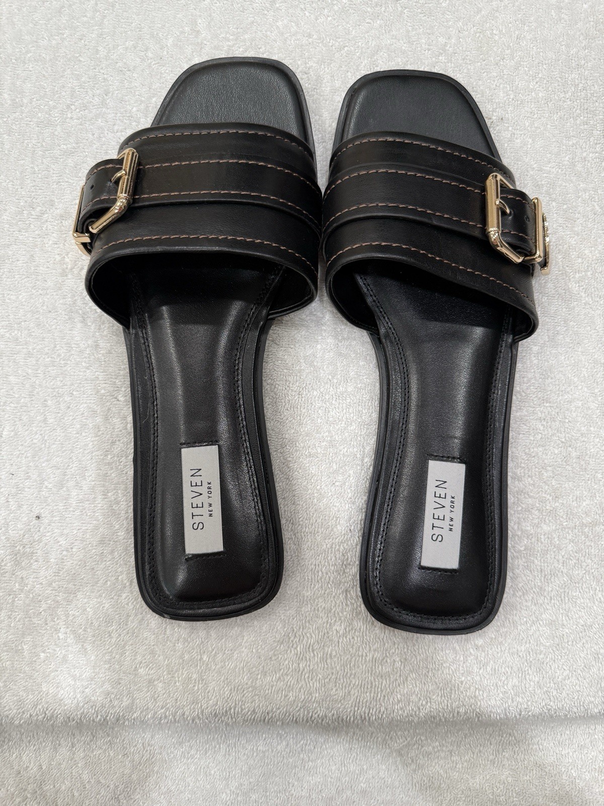 Steven New York Black Slide Sandals Gold Buckle Adjustable Women’s US Size 9