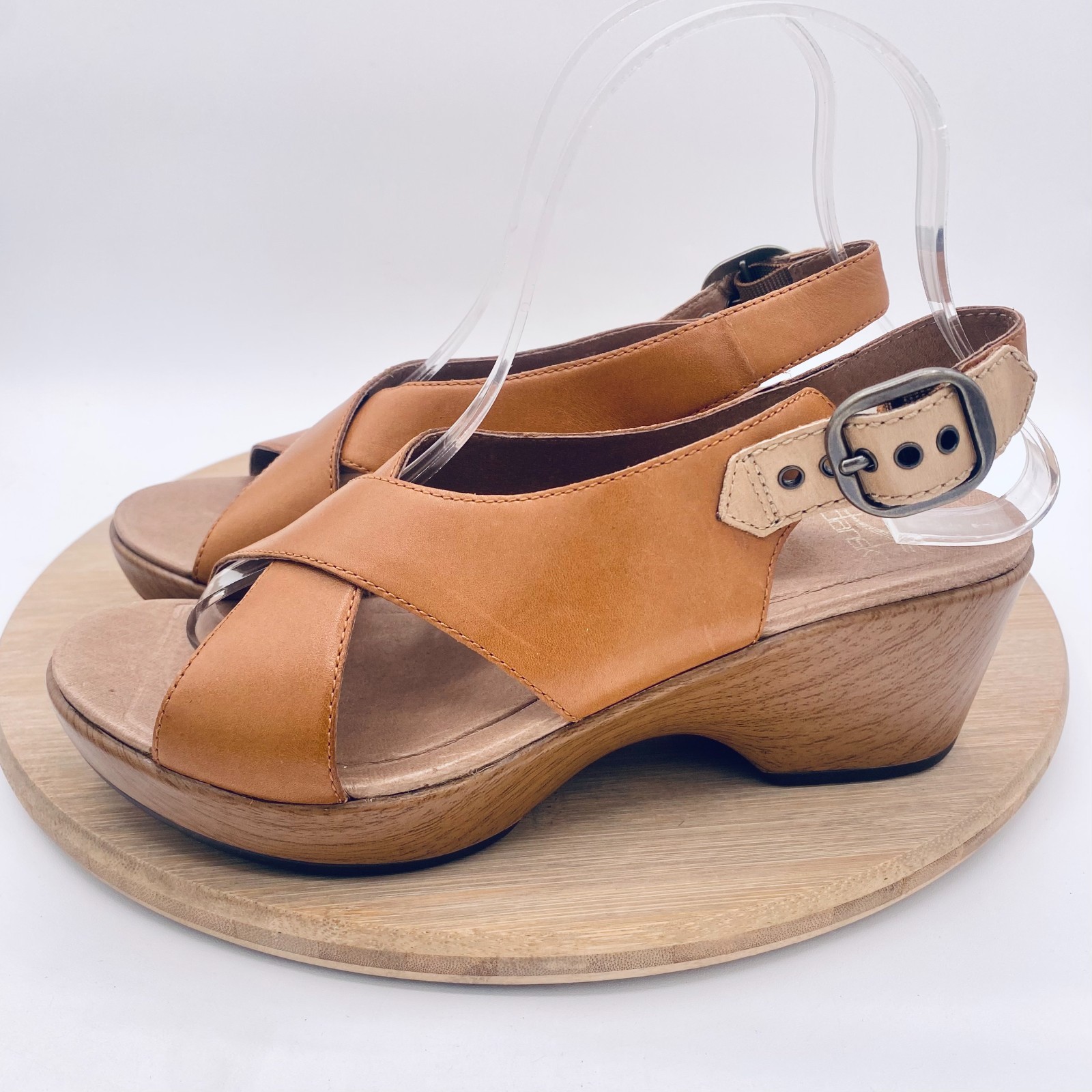 Dansko Sandals Womens 6.5 37 Tan Leather Slingback Wedge Jacinda Peep