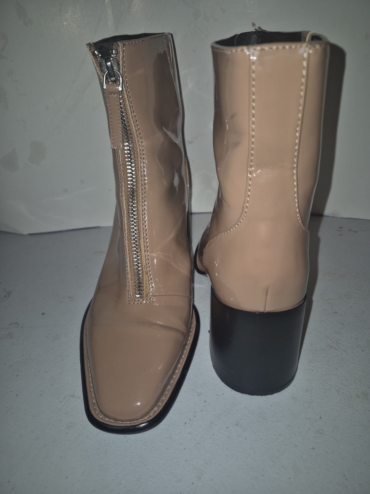Open Edit Beige Patent Square Toe Zip Closure Block Heel Ankle Booties Women’s 8