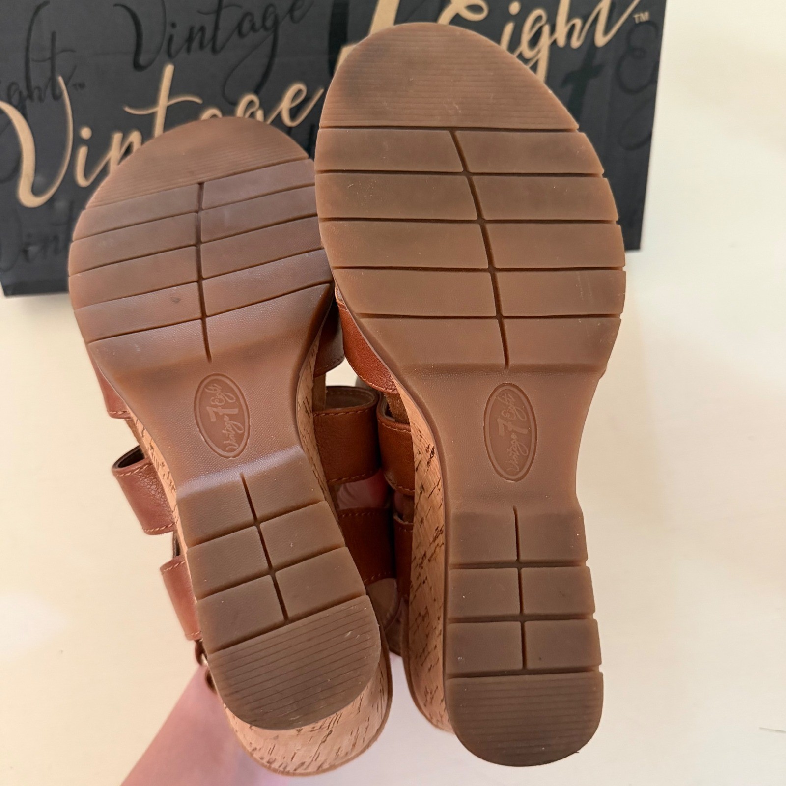 Vintage 7 Eight Womens Brown Faux Leather Cork Wedge Sandals Size 7.5M PL0002200