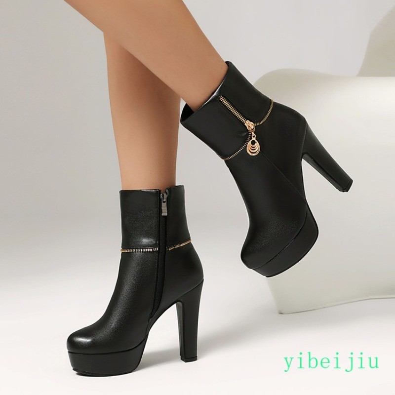 Womens Fall Winter High Heel Platform Ankle Boots Dress Side Zip Leather Casual