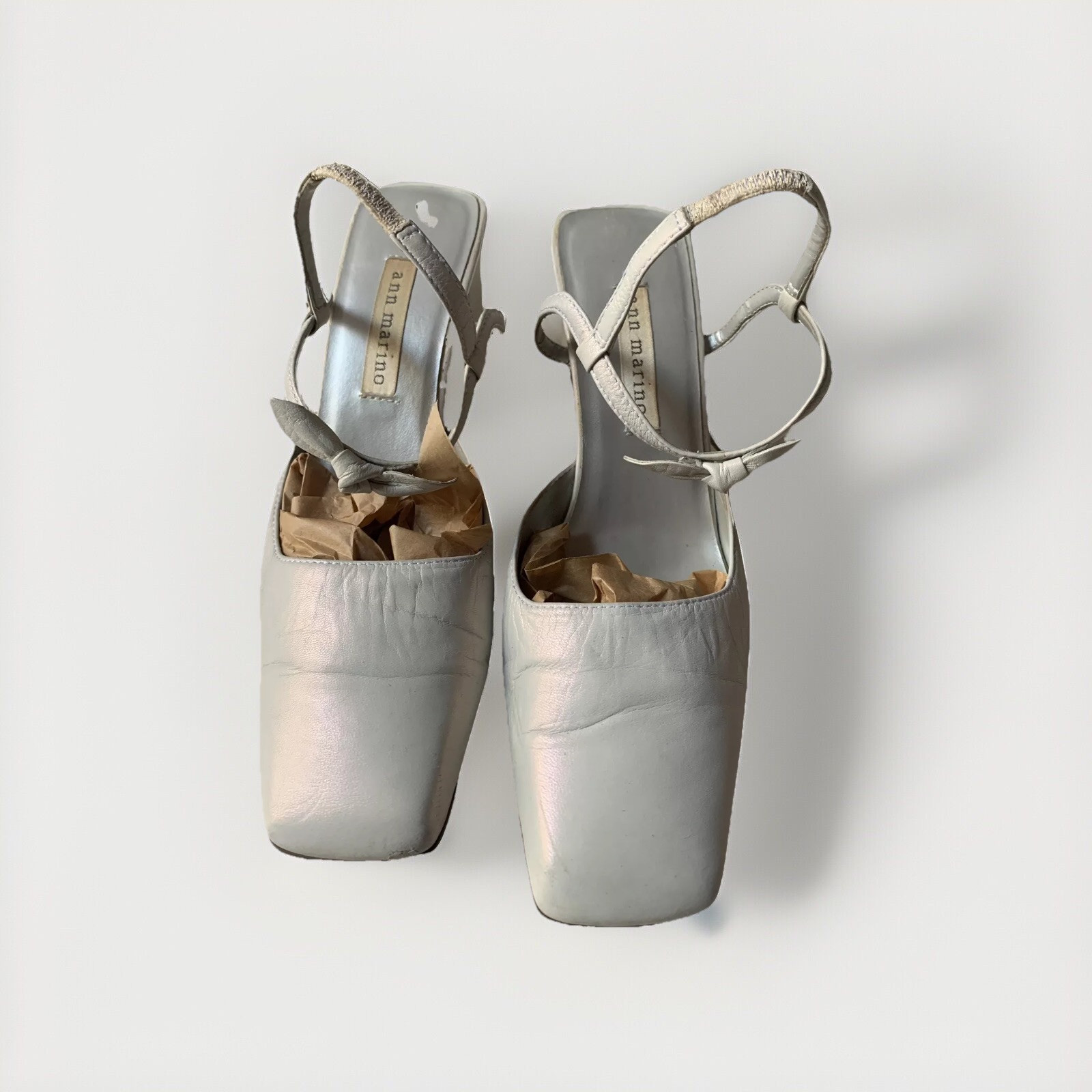 Size 7 White Pearl Leather Ann Marino Heels Ankle Strap Bow