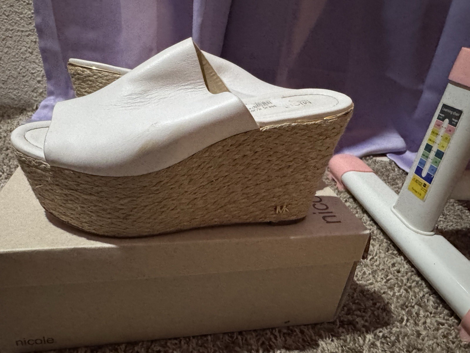 Michael Kors Women’s White Leather Platform Wedge Slide Sandals Logo 8.5