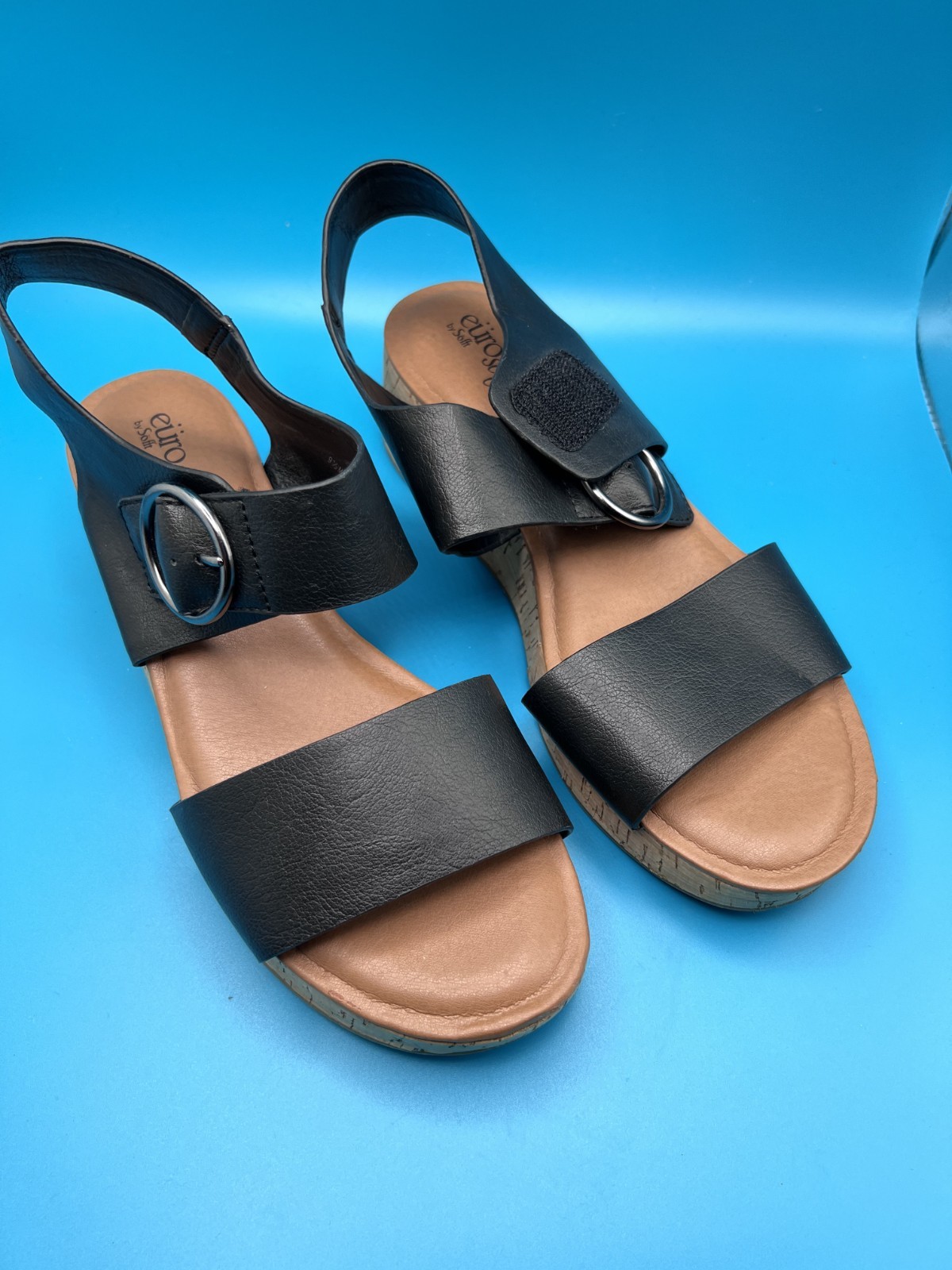 Eurosoft by Sofft Finnly Women’s Black Strappy Cork Wedge Sandals Size 9.5