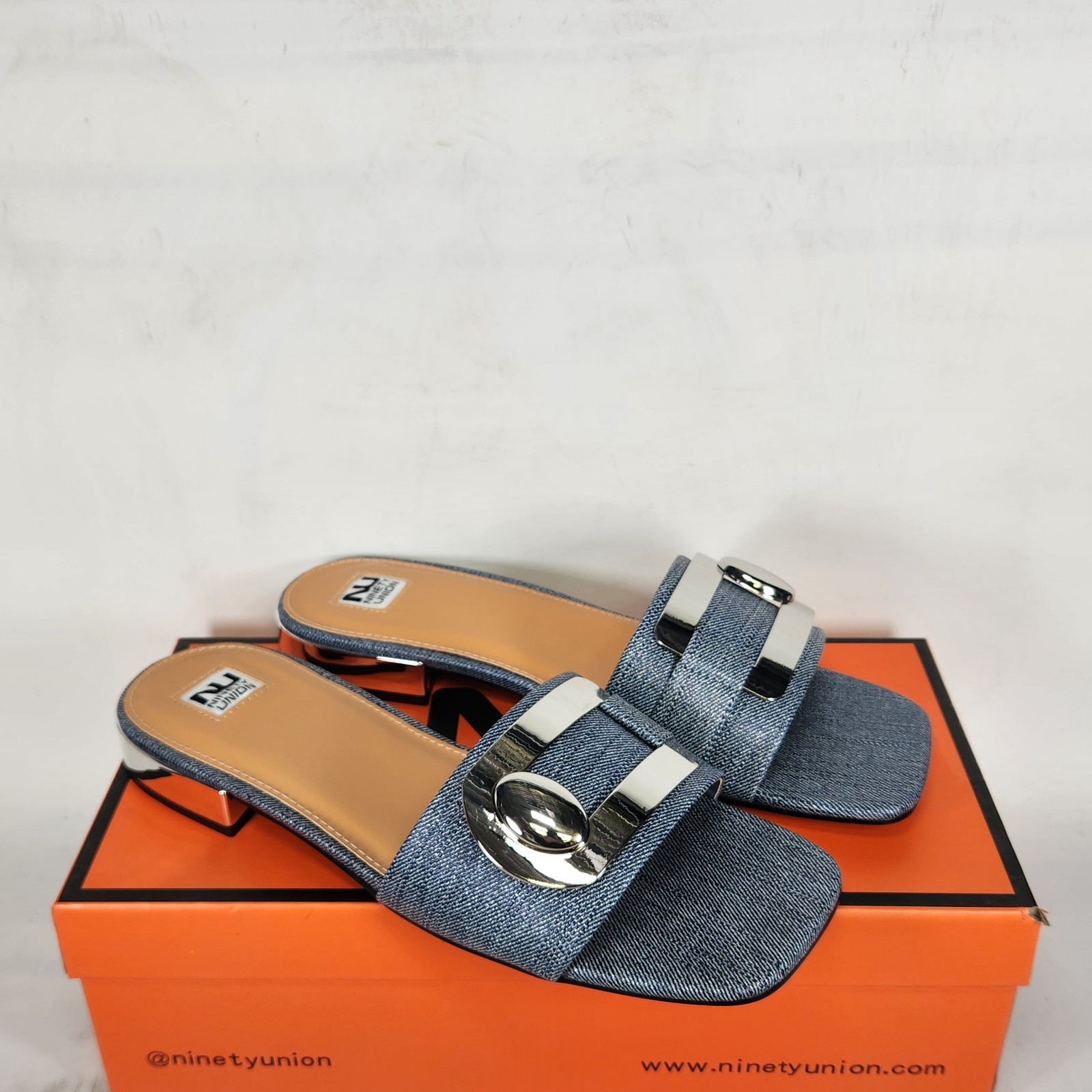 9 WOM – Ninety Union Bali – Blue Denim / Silver Buckle Strap Low Heel Slide