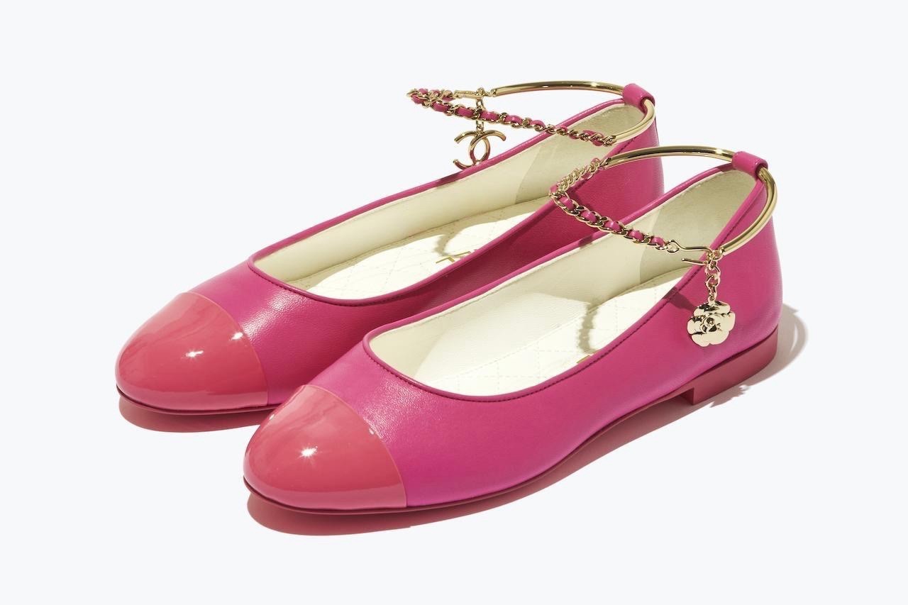 New Chanel CC Logo Camellia Leather Ankle Bracelet Chain Strap Ballerina Flat 37